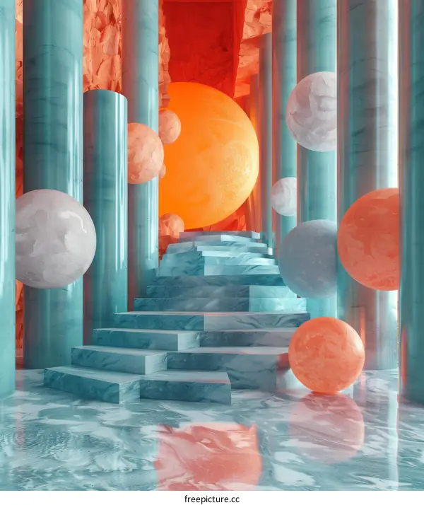 Abstract Marble Stairway with Colorful Spheres