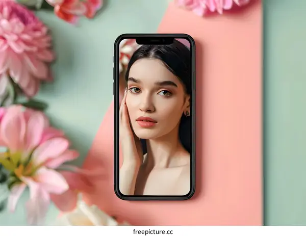 Woman Taking Selfie On Smartphone With Pink Flowers