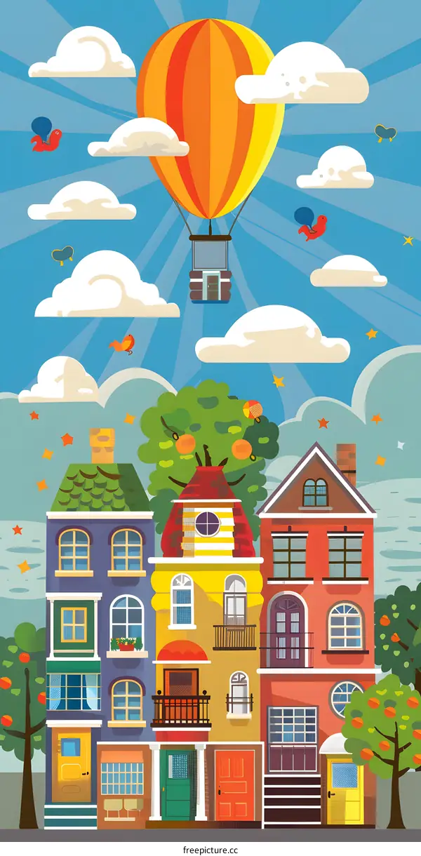 Colorful Houses in the Sky with Hot Air Balloon Illustration