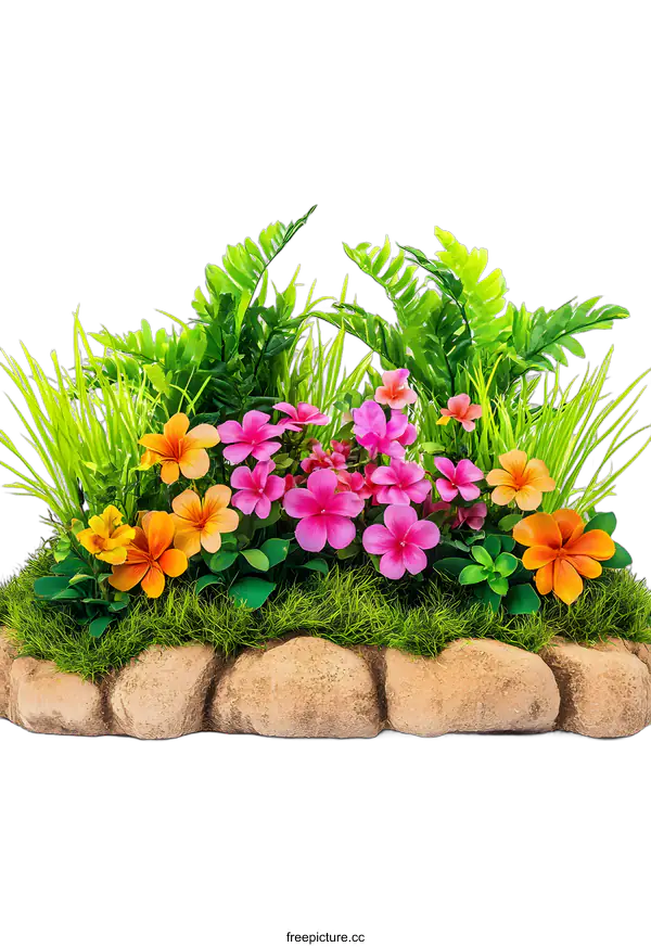 [Transparent Background PNG]Artificial Flowers and Grass on Rocks Against a White Background