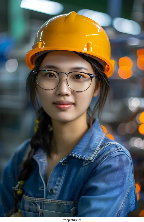 portrait of a young asian woman wearing a hard hat and safety glasses in a factory