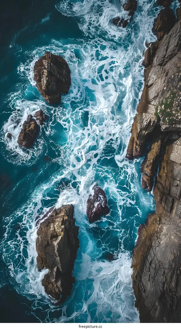 Aerial View of Ocean Waves Crashing Against Rocks