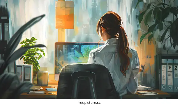 Woman Sitting at Desk Working on Computer with Plants and Window