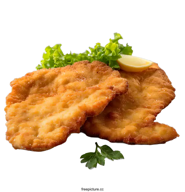 [Transparent Background PNG]Two pieces of fried schnitzel with lemon and lettuce