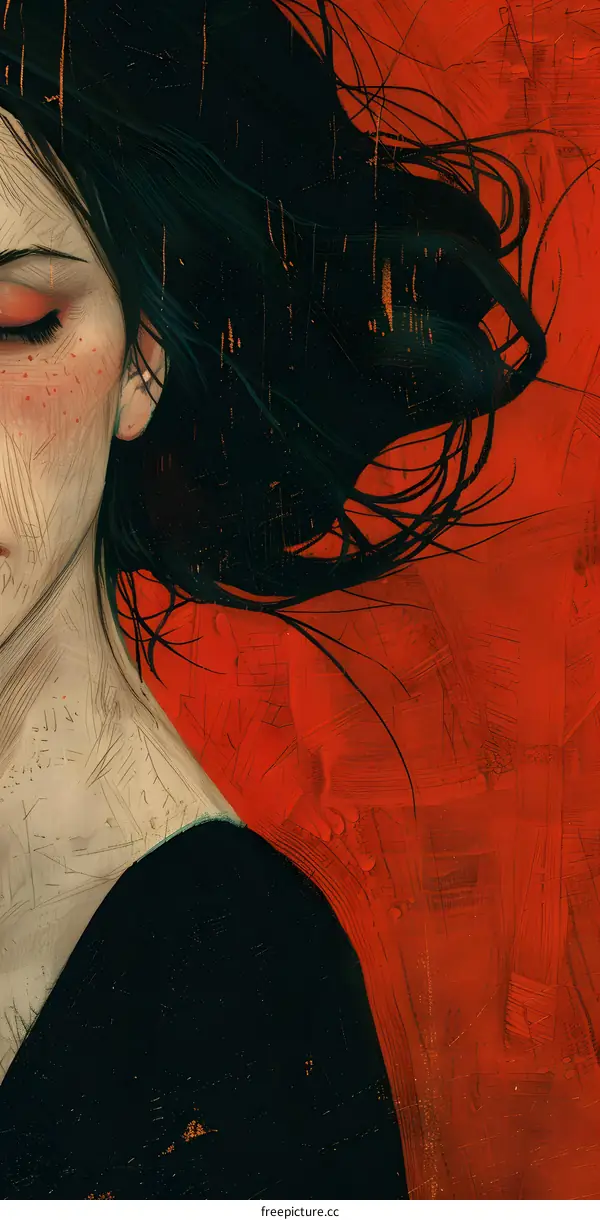 Portrait of a young woman with long black hair