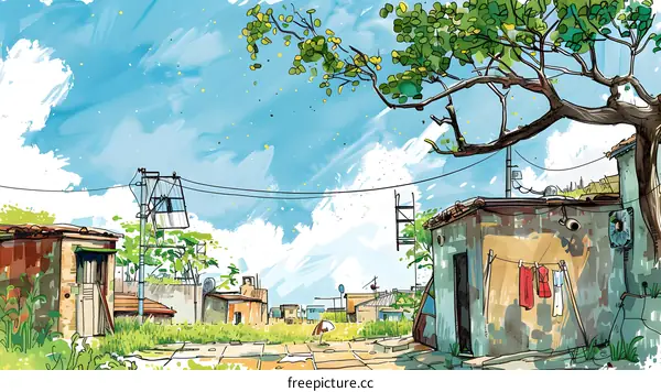 Watercolor Illustration of a Rural Alleyway