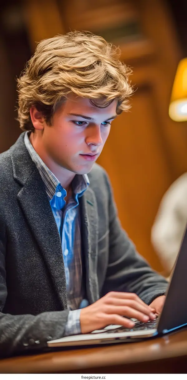 Young Man Typing on Laptop In Office
