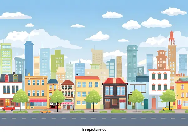Cartoon Cityscape with Colorful Buildings and Sky