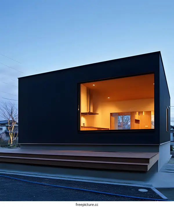 Modern Black House with Large Window and Wooden Deck