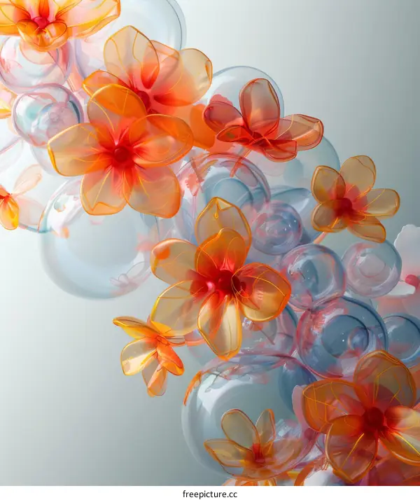 3D rendering of orange and red flowers with glass bubbles