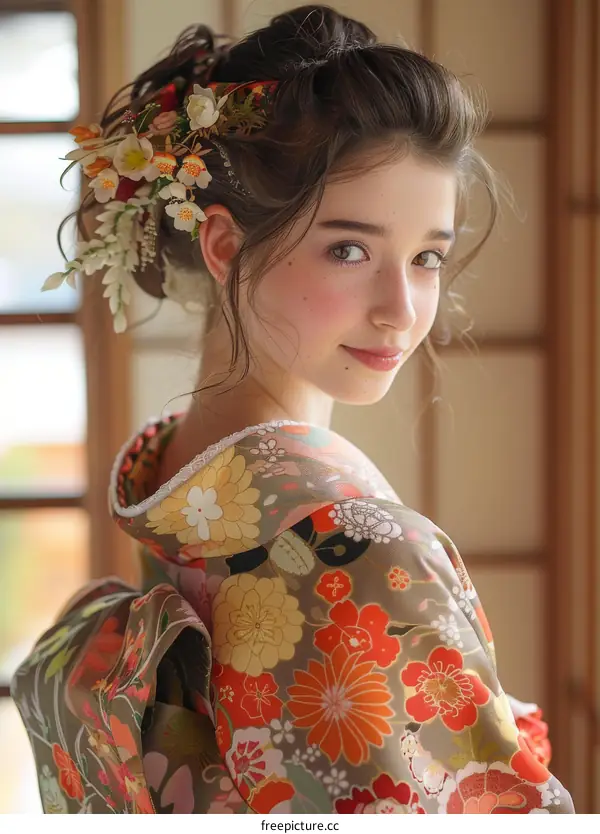 Portrait of a young woman in a kimono