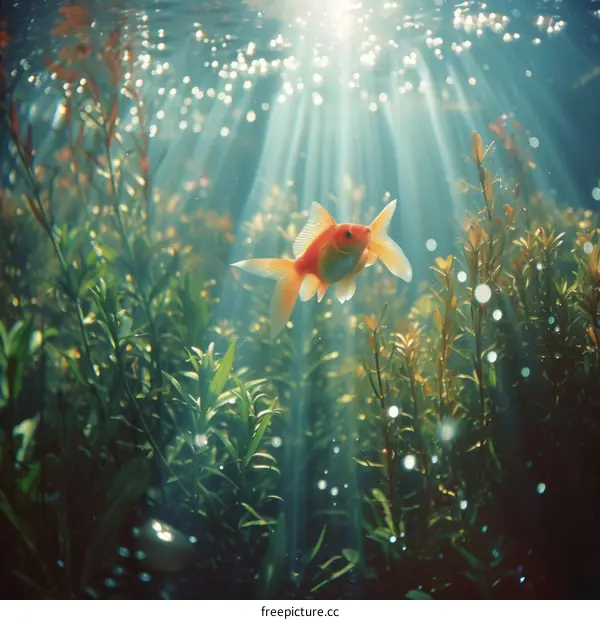 Orange goldfish swimming in a planted tank
