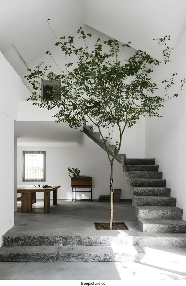 Minimalist Modern House Interior Design with Tree Growing Through Stairs