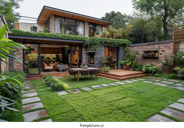 Courtyard House with Green Roof and Brick Facade