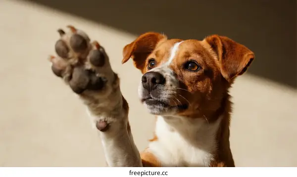 A cute dog raising its paw and looking up attentively