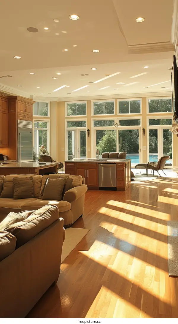 Bright and Airy Living Space with Hardwood Floors and Large Windows