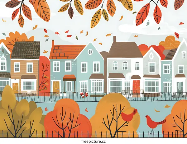 Autumn Village Scene Illustration With Colorful Houses and Birds