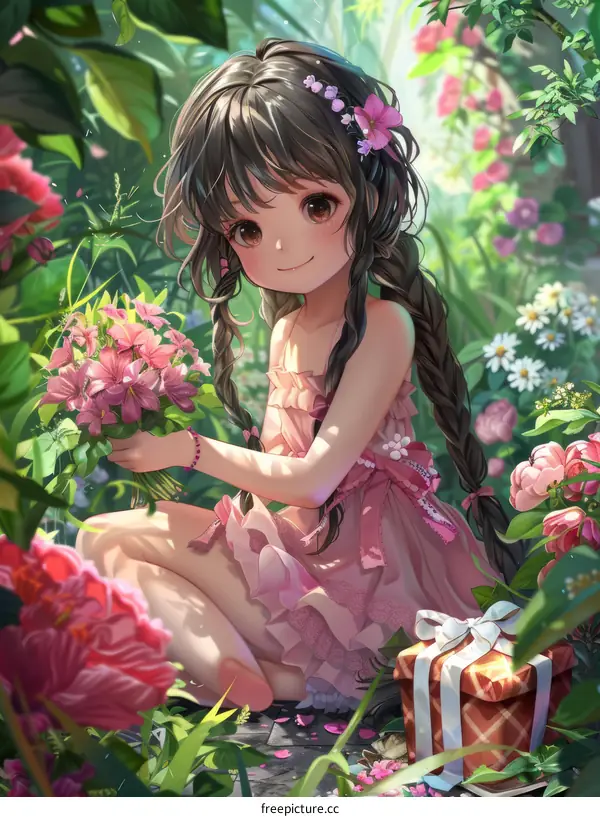 Little Girl in a Garden of Pink Flowers