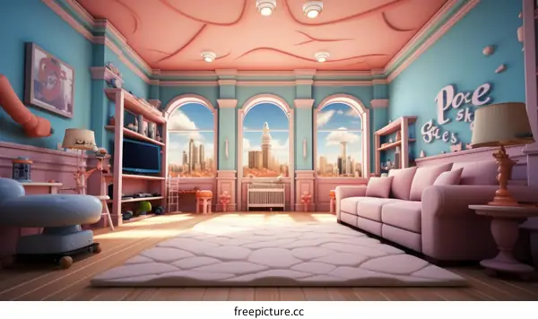 A pink and blue living room with a city view