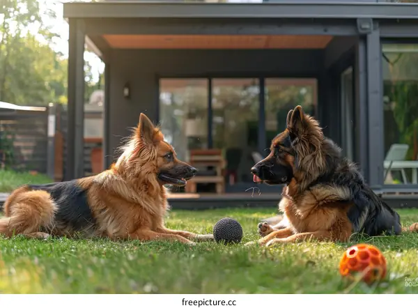 Two long-haired German Shepherd dogs lying on the grass in front of a modern house
