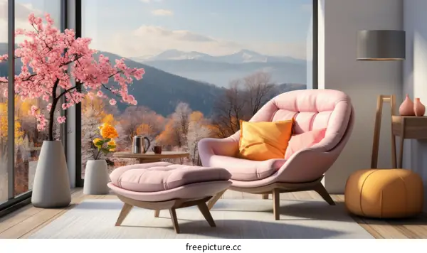 Modern Living Room with Pink Armchair, Ottoman, and Mountain View