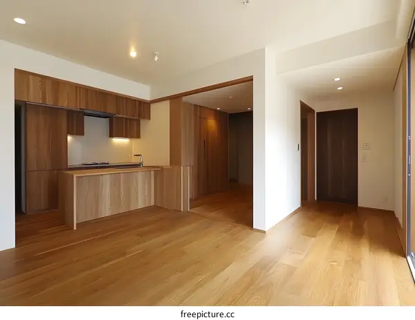 Modern Minimalist Open Concept Kitchen with Wooden Flooring