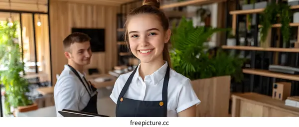 Smiling Woman In A Restaurant Wearing An Apron