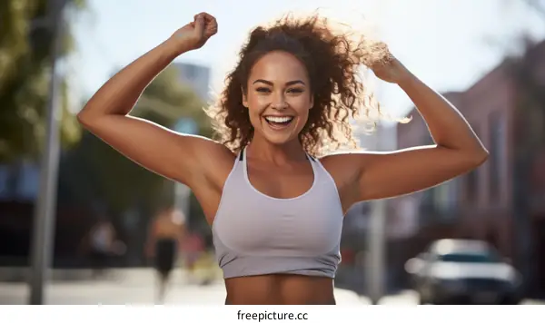 Happy young woman celebrating her success with arms raised in the air