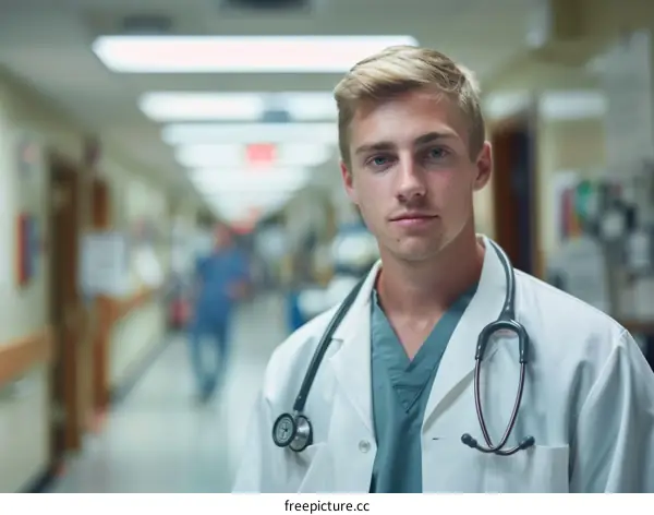 Portrait of a male doctor in a hospital hallway