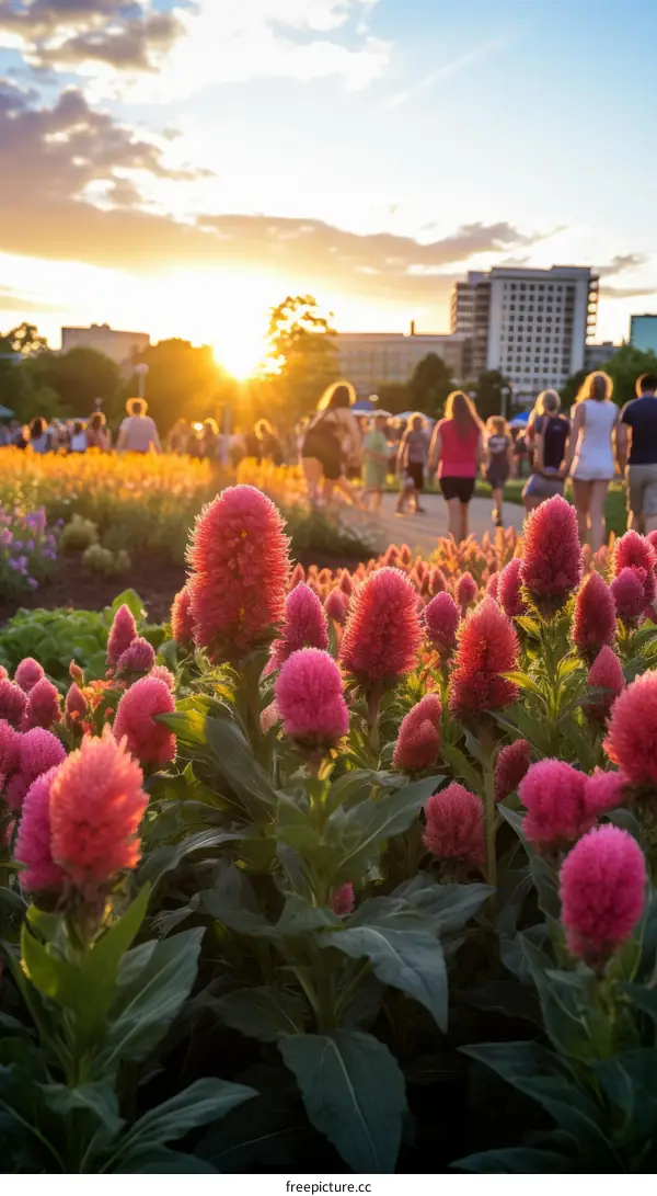 People walking in a field of red flowers with the sun setting in the background
