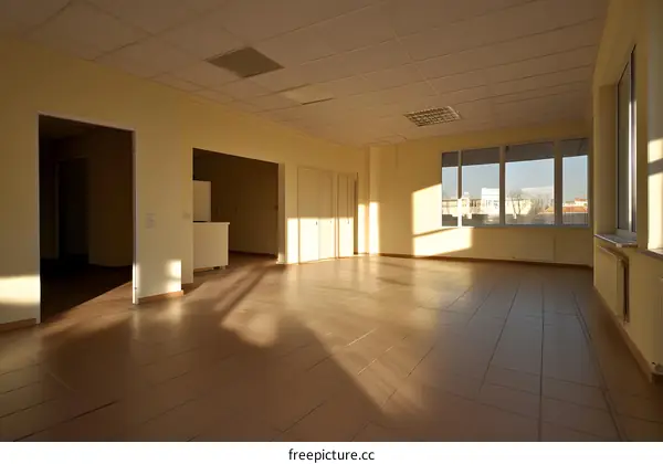 Empty Room With Large Windows And Sunlight Streaming In