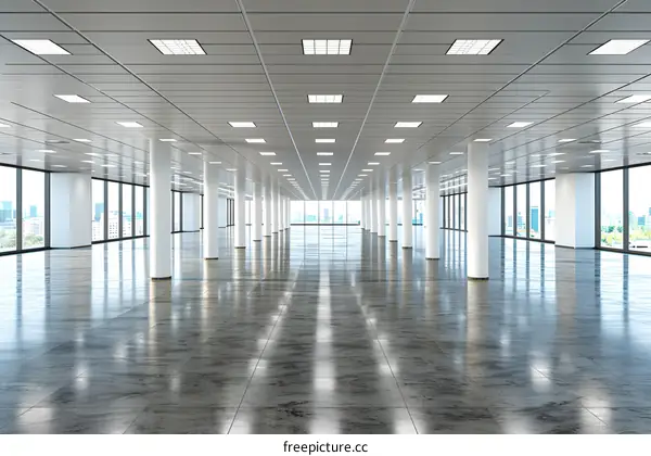 Empty Modern Office Space with White Columns and Large Windows