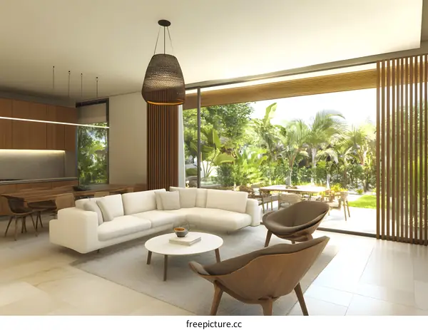 Modern Living Room Interior Design With White Sofa And Wooden Chairs