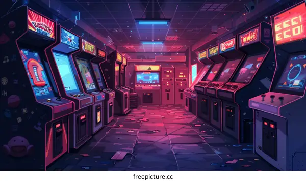 arcade machines in an empty room with neon lights