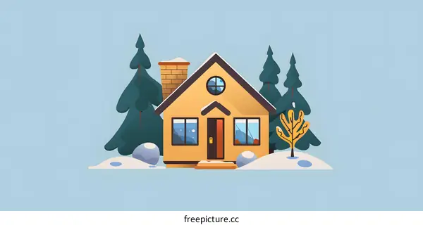 Winter House with Snow Covered Roof