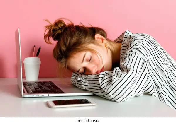 Tired Young Woman Sleeping on Laptop