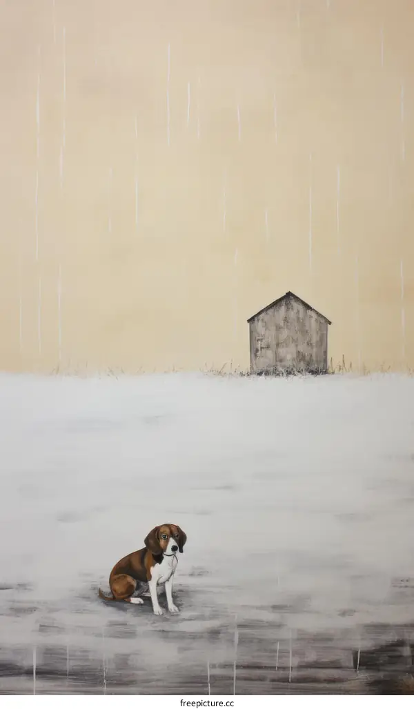 A Beagle Dog Sits in a Snowy Field