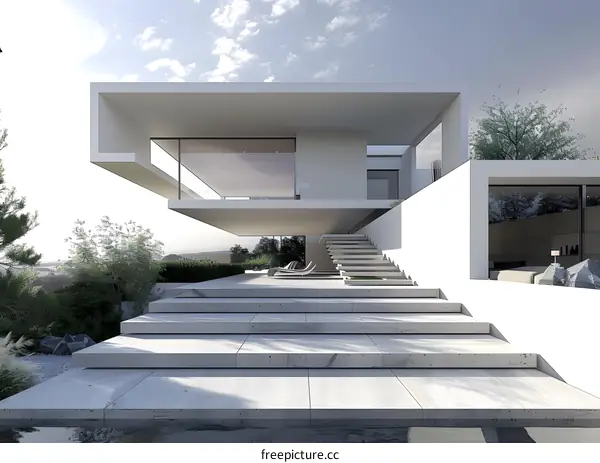 Modern Minimalist House with White Facade and Concrete Stairs