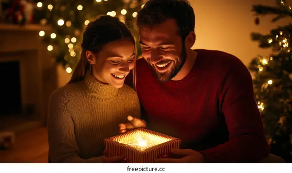Couple Excitedly Opening Christmas Gift Box