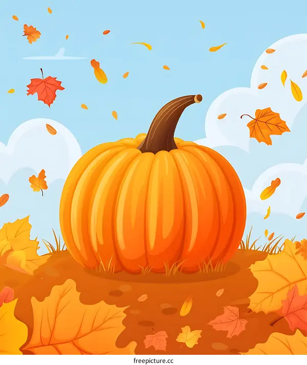 Autumn Pumpkin with Falling Leaves Cartoon Illustration