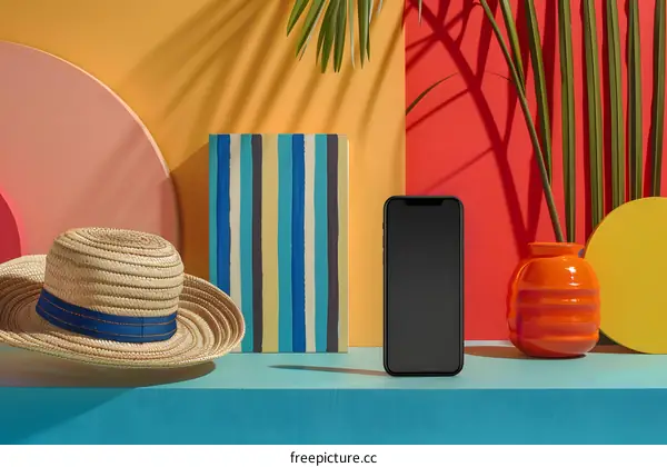 Summer Smartphone Mockup with Straw Hat and Palm Leaves