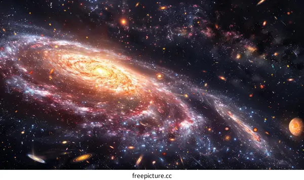 A spiral galaxy with a bright center and many stars