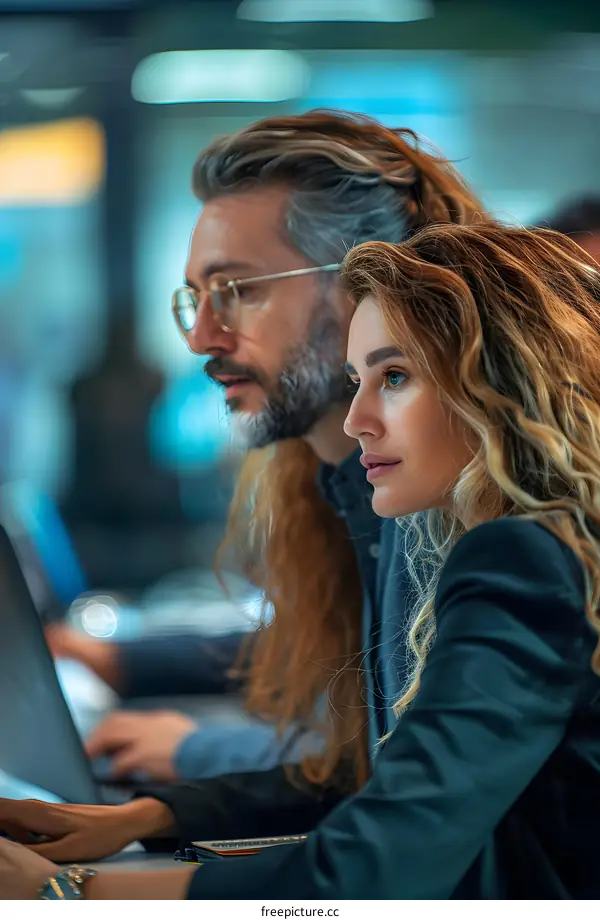 Two business people looking at a laptop screen