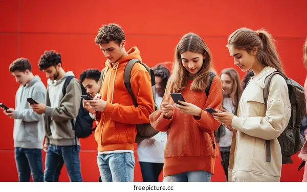 Teenage group using smartphones outdoors