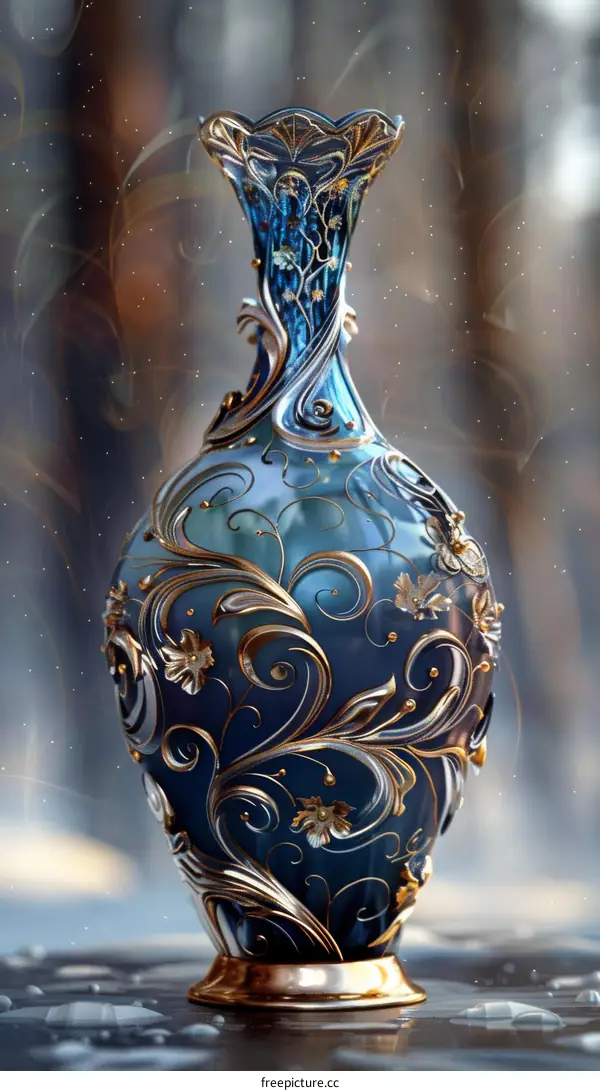 Ornate Blue Vase with Gold Accents
