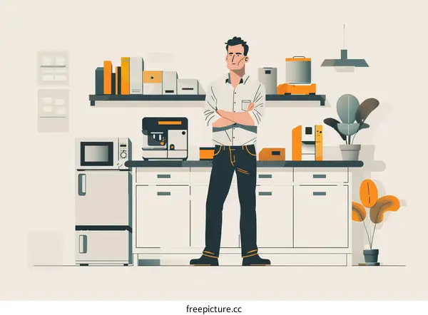 Confident man standing in modern kitchen with crossed arms