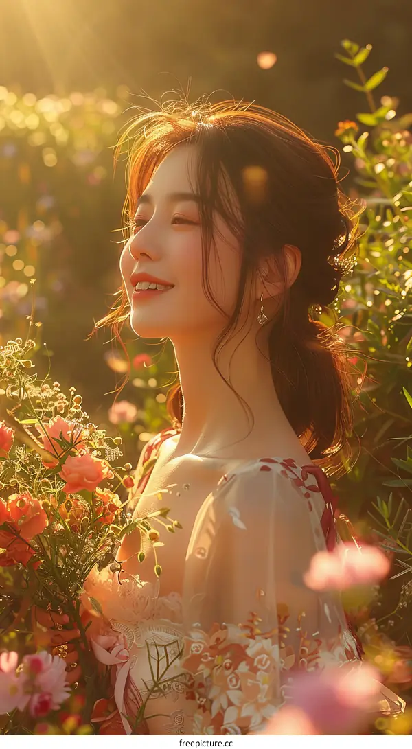Asian Beauty with Flowers in Field