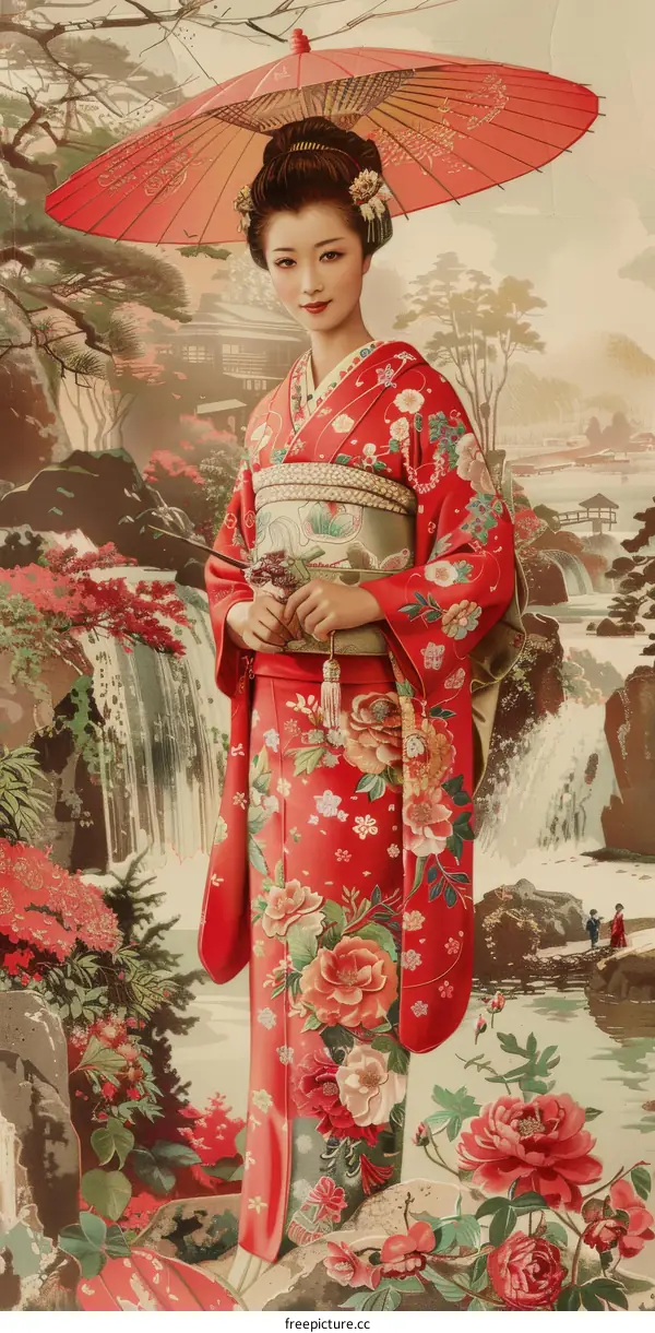 A Japanese woman wearing a kimono is holding a fan in a garden