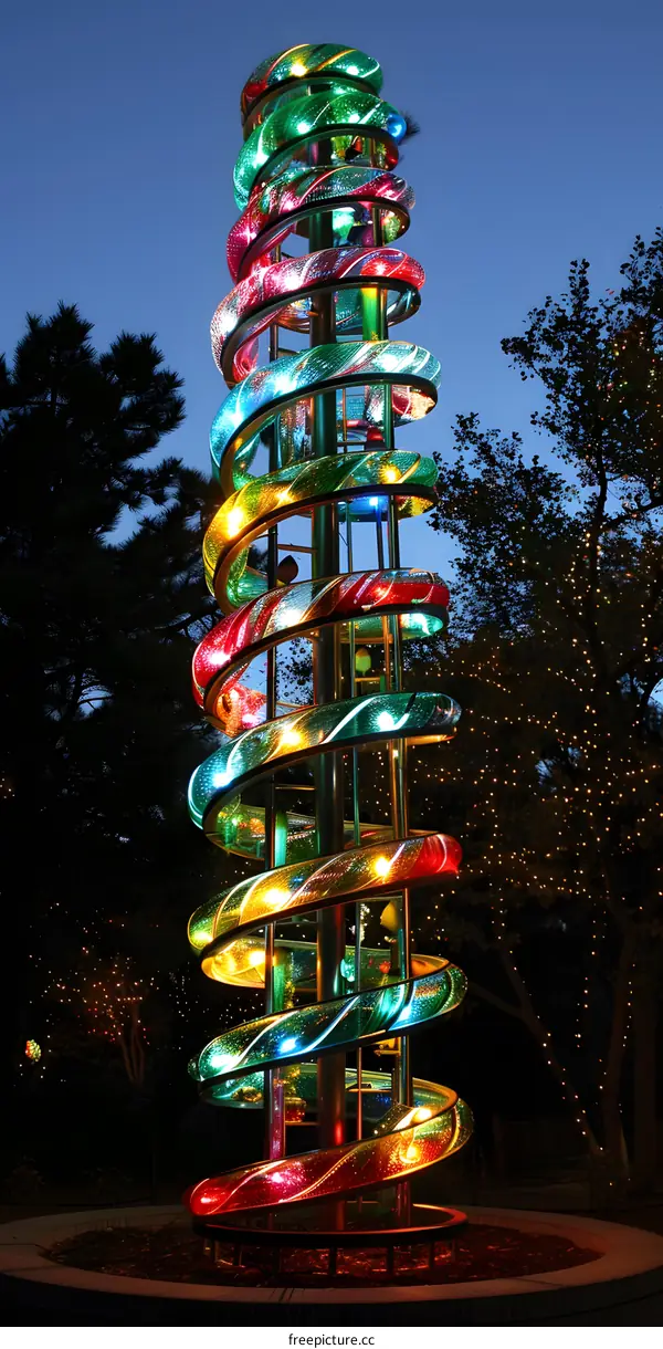 Colorful spiral sculpture made of recycled materials at night