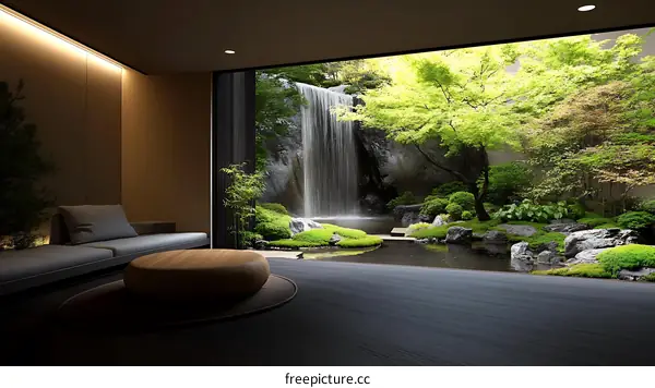 Modern Zen Living Space with Waterfall Garden View